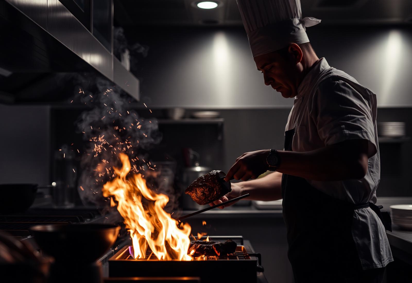 Chef grilling over open flame in the Ember & Wok kitchen